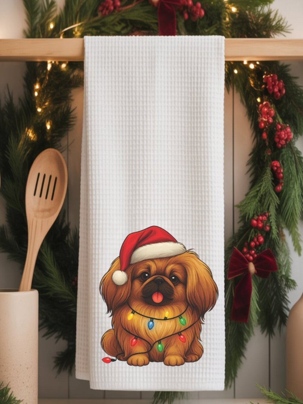 Pekingese Christmas Lights Decorative Kitchen Tea Towel